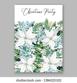 Poinsettia Christmas Party Invitation Winter white flower wreath illustration card template Fir tree branch privet blue berry
