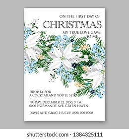 Poinsettia Christmas Party Invitation Winter white flower wreath illustration card template Fir tree branch privet blue berry