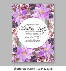 Poinsettia Christmas Party Invitation Winter purple floral wreath illustration card template Fir tree branch red blue berry