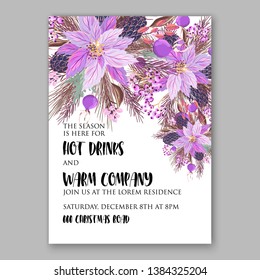 Poinsettia Christmas Party Invitation Winter purple floral wreath illustration card template Fir tree branch red blue berry