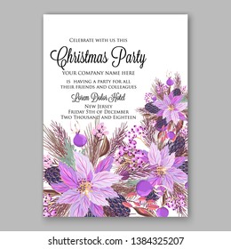 Poinsettia Christmas Party Invitation Winter purple floral wreath illustration card template Fir tree branch red blue berry