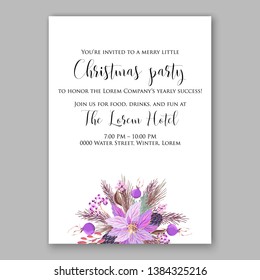 Poinsettia Christmas Party Invitation Winter purple floral wreath illustration card template Fir tree branch red blue berry