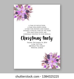 Poinsettia Christmas Party Invitation Winter purple floral wreath illustration card template Fir tree branch red blue berry