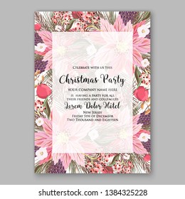 Poinsettia Christmas Party Invitation Winter pink floral wreath illustration card template Fir tree branch red blue berry pampas grass