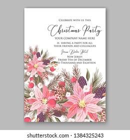 Poinsettia Christmas Party Invitation Winter pink floral wreath illustration card template Fir tree branch red blue berry pampas grass