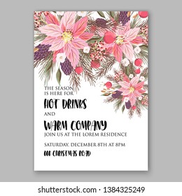 Poinsettia Christmas Party Invitation Winter pink floral wreath illustration card template Fir tree branch red blue berry pampas grass