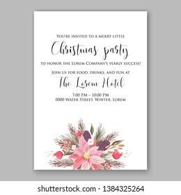 Poinsettia Christmas Party Invitation Winter pink floral wreath illustration card template Fir tree branch red blue berry pampas grass