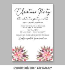 Poinsettia Christmas Party Invitation Winter pink floral wreath illustration card template Fir tree branch red blue berry pampas grass