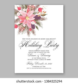 Poinsettia Christmas Party Invitation Winter pink floral wreath illustration card template Fir tree branch red blue berry pampas grass