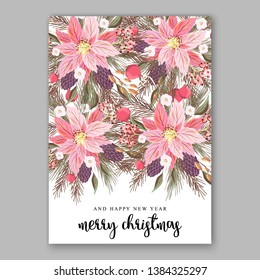 Poinsettia Christmas Party Invitation Winter pink floral wreath illustration card template Fir tree branch red blue berry pampas grass