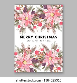 Poinsettia Christmas Party Invitation Winter pink floral wreath illustration card template Fir tree branch red blue berry pampas grass