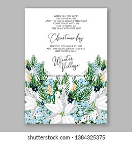 Poinsettia Christmas Party Invitation Winter white flower wreath illustration card template Fir tree branch privet blue berry