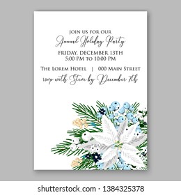 Poinsettia Christmas Party Invitation Winter white flower wreath illustration card template Fir tree branch privet blue berry