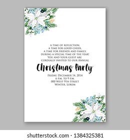 Poinsettia Christmas Party Invitation Winter white flower wreath illustration card template Fir tree branch privet blue berry