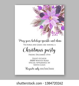 Poinsettia Christmas Party Invitation Winter purple floral wreath illustration card template Fir tree branch red blue berry