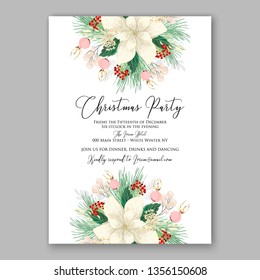 Poinsettia Christmas Party invitationWedding invitation or bridal shower floral vector card template printable background for marriage peony rose