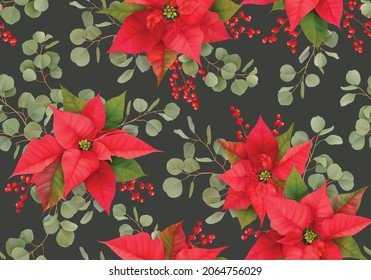 Poinsettia Christmas Realistic seamless pattern with Winter Mistletoe, Rowan Berries branches, eucalyptus. 3d floral vector illustration for wrapping paper, textile, print, wallpaper