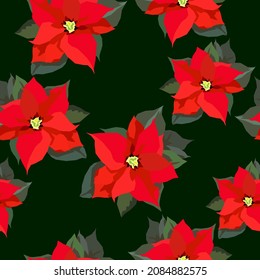 Poinsettia Christmas red bright flowers vector seamless pattern