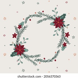 Poinsettia Christmas Round Wreath For Winter Holiday Frame Decoration. Elegant Wedding Celebration Border With Red Green Ornament.