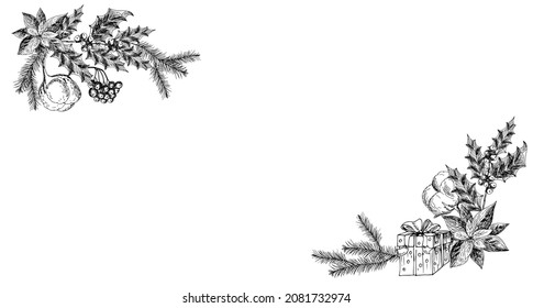 Poinsettia, cotton, spruce branches, holly, gift box. Vector hand drawn Christmas, New Year illustration. Sketch. 
