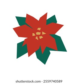 Poinsettia in flat style. Christmas flower in red and green color. Stylized flower cut out. Vector illustration isolated on white.