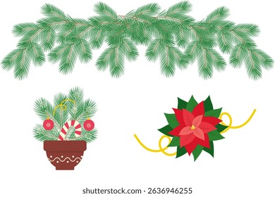 Poinsettia Flower bud and Pine twigs in flower pot and Festive Garland Holiday Decor Elements Set