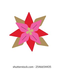 Poinsettia flower. Christmas star plant with gold leaves. Winter floral element. 