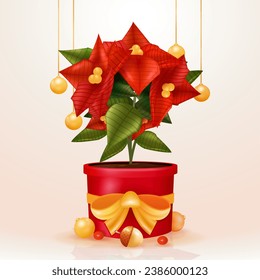 Poinsettia flower in a gift shaped flowerpot, with Christmas bell ball element. 3d vector, suitable for holiday events and design elements 