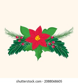 Poinsettia Flower With Green Leaves, Berries On Cosmic Latte Background.