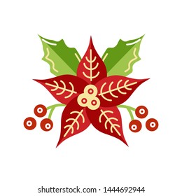 Poinsettia flower icon. Merry Christmas flower vector illustration isolated on white background. Flat and line style design.