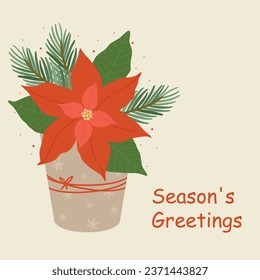 Poinsettia flower isolated on white background icon for Christmas greeting cards. Flowers pot. Vector illustration of poinsettia with star flower for your design.