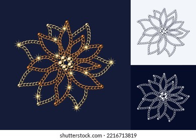 Poinsettia flower made of jewelry gold, bronze chains, shiny ball beads Elegant jewelry illustration for winter sales, Xmas, new year holiday, gift decoration Monochrome black and white version