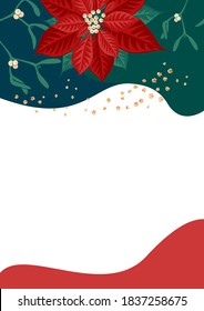 Poinsettia flower and mistletoe branch with berries on color background. Template for christmas greeting card, party invitation design. Vector illustration flat cartoon isolated icon.