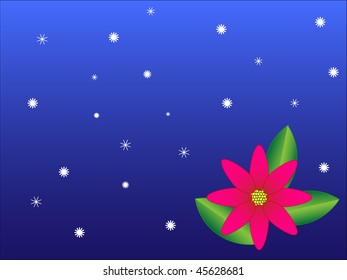 Poinsettia flower on a blue background with snowflakes