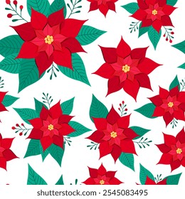 Poinsettia flower pattern. Cute Christmas celebration symbol. Seamless vector illustration. Traditional Xmas background with simple holiday floral elements. Vibrant red petals and green leaves