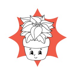 Poinsettia Flower In A Pot. Black And White Coloring Page For Children. Cute Cartoon Character. Flat Vector Isolated Illustration.