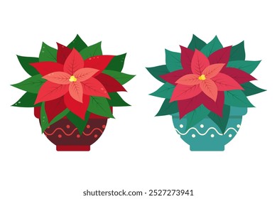 Poinsettia flower in pot Set of 2 design element different shades in trendy festive Christmas colors