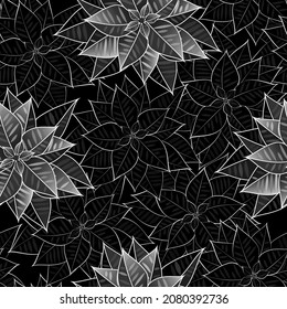 Poinsettia flower. Seamless black and white pattern with flowers, winter berries, branches of a Christmas tree.