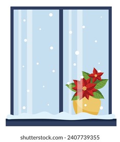 Poinsettia flower stands on the window it is snowing outside. Vector flat illustration