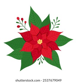 Poinsettia flower vector illustration. Vibrant red petals and green leaves. Cute Christmas celebration symbol, holiday decor. Traditional Xmas home ornament