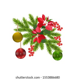 Poinsettia flowers, Christmas balls and spruce on a white isolated background. Christmas symbol. Template for postcard, invitation card, web design.