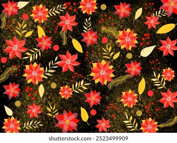 Poinsettia flowers with gold leaves seamless pattern vector for Christmas on black background