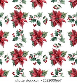 Poinsettia flowers and holly leaves with berries vector illustrations. Green leaves red holly berry mistletoe ilex vector seamless pattern, Christmas wrapping paper print design.