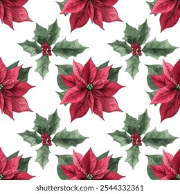 Poinsettia flowers and holly leaves with berries vector illustrations. Green leaves red holly berry mistletoe ilex vector seamless pattern, Christmas wrapping paper print design.