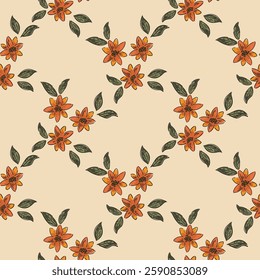 Poinsettia flowers with leaves in a lattice pattern on a beige background in a color palette of green, orange and black.  Christmas seamless vector pattern. Great for home decor, fabric, wallpaper.