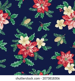 poinsettia frangipani and pine bouquet all over design