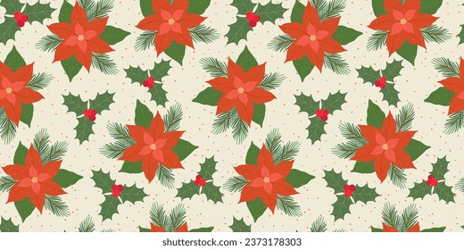 Poinsettia and holly berries vector seamless illustration. Christmas traditional plants. Vector winter illustration.