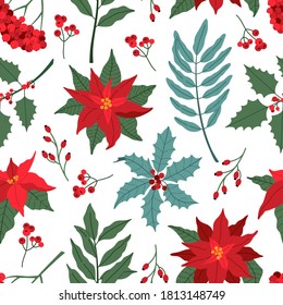 Poinsettia, heilige Beeren und Lorbeeren hinterlassen nahtloses Weihnachtsmuster. Farbige Pflanzen im flachen Cartoon-Stil, Gewölbe, modernes Dekor für Neujahr, Dekoration auf weißem Hintergrund.