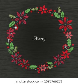 Poinsettia and holly leaf frame vector on blackboard background for decoration on Christmas holiday event.