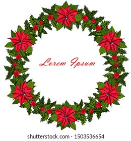 Poinsettia and holly wreath Lorem Ipsum. Green leaves red flowers on white hand drawn winter holidays stock vector illustration for web, for print